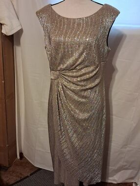 Connected Apparel Gold Metallic Ruched Sheath Dress Size 14 Cocktail Wedding